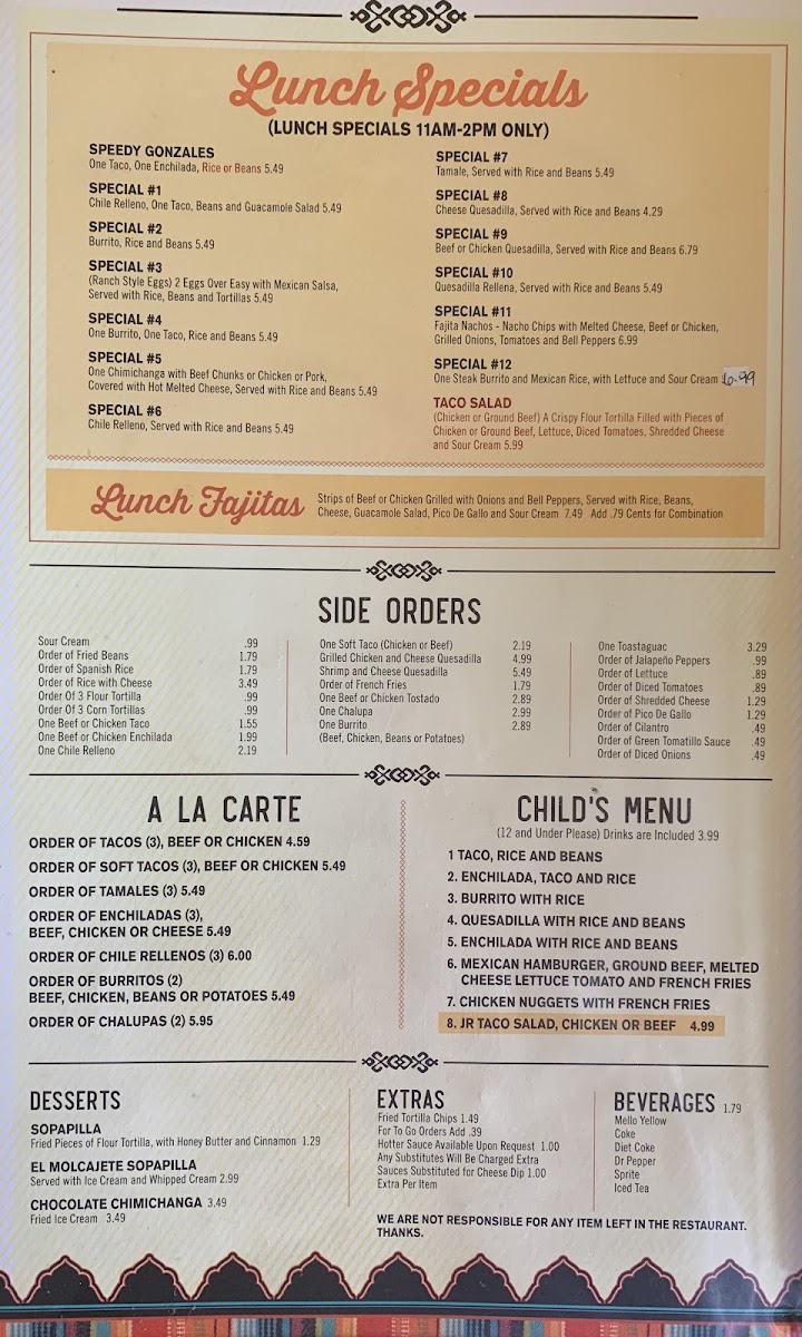El Molcajete Mexican Restaurant menu board