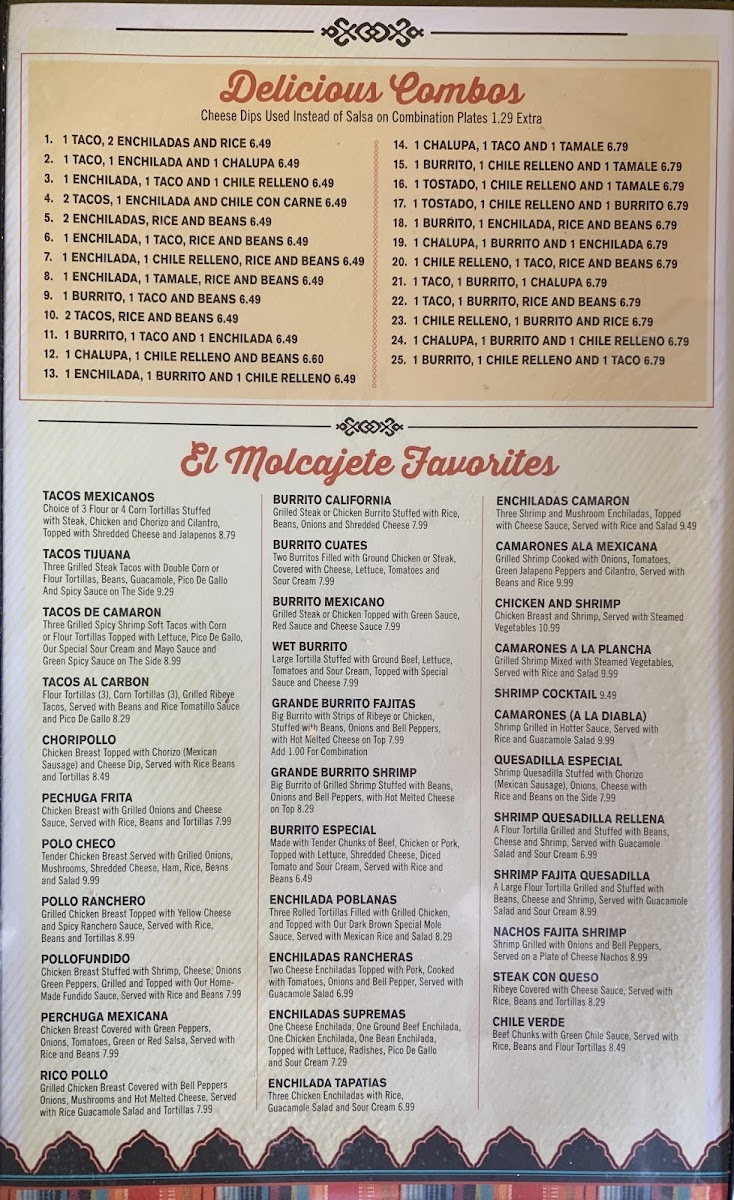 El Molcajete Mexican Restaurant menu board