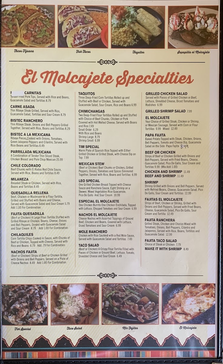El Molcajete Mexican Restaurant menu board