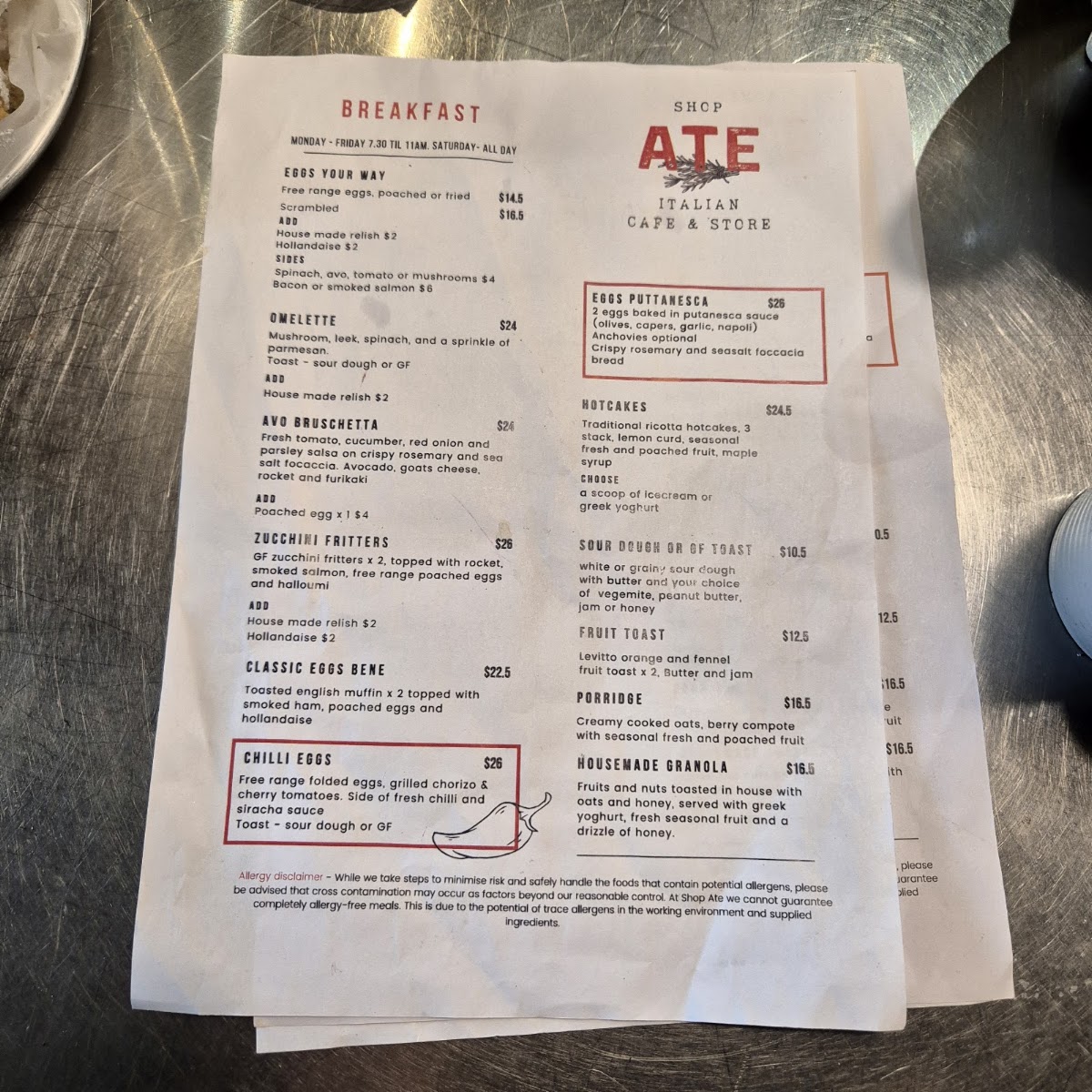 Shop Ate Cafe & Store menu board