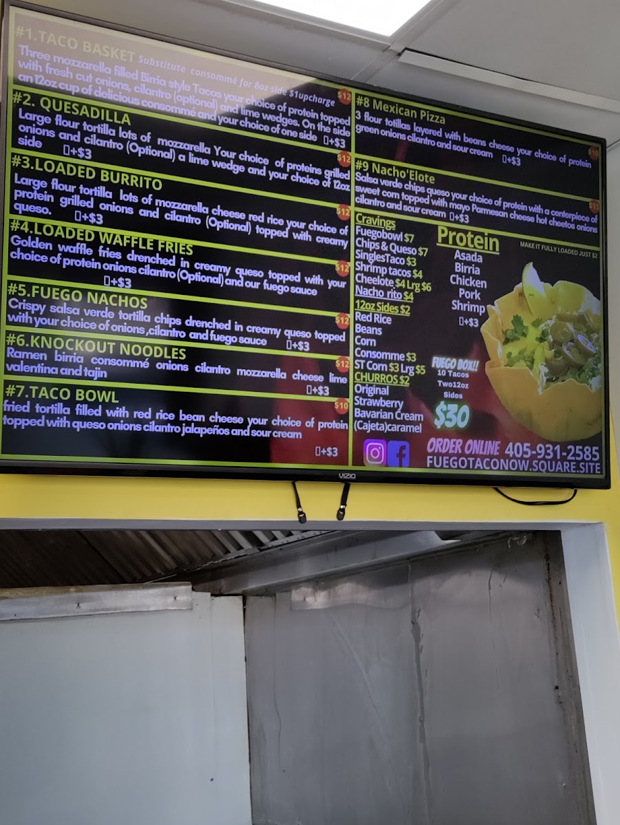 Fuego Taco LLC menu board