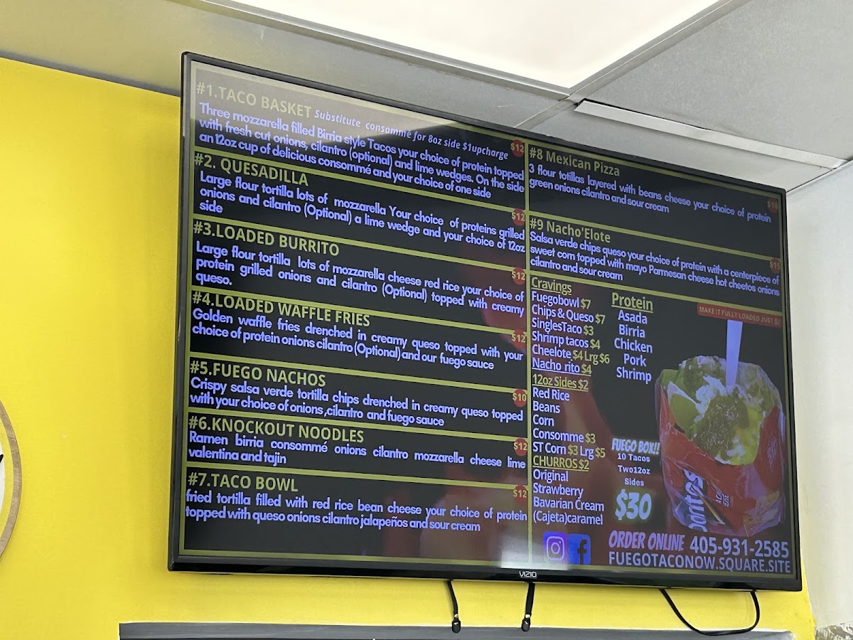 Fuego Taco LLC menu board