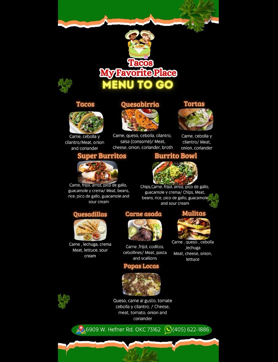 Tacos Mi Lugar Favorito menu board