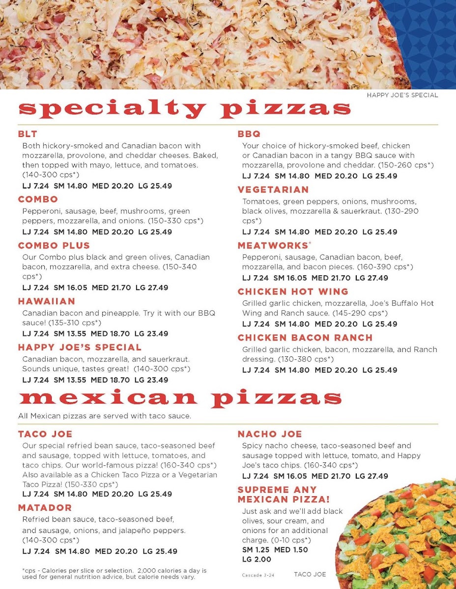 Happy Joe's Pizza & Ice Cream - Cascade menu board