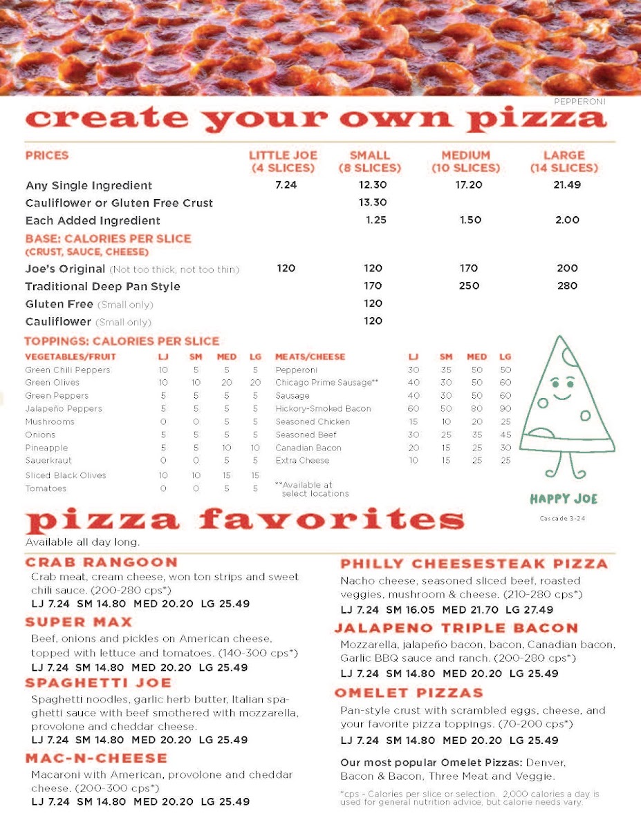 Happy Joe's Pizza & Ice Cream - Cascade menu board