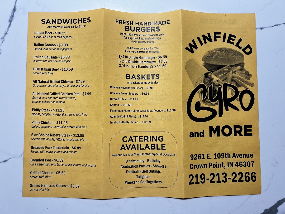 Winfield Gyro and more menu board