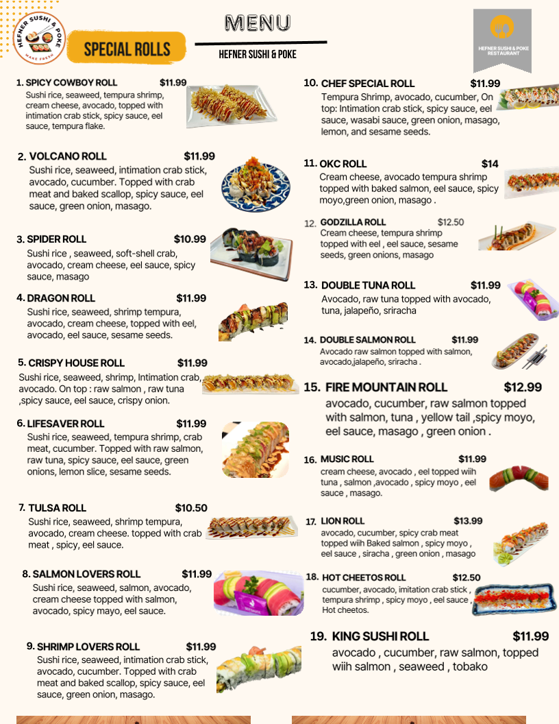 Hefner Sushi & Poke menu board