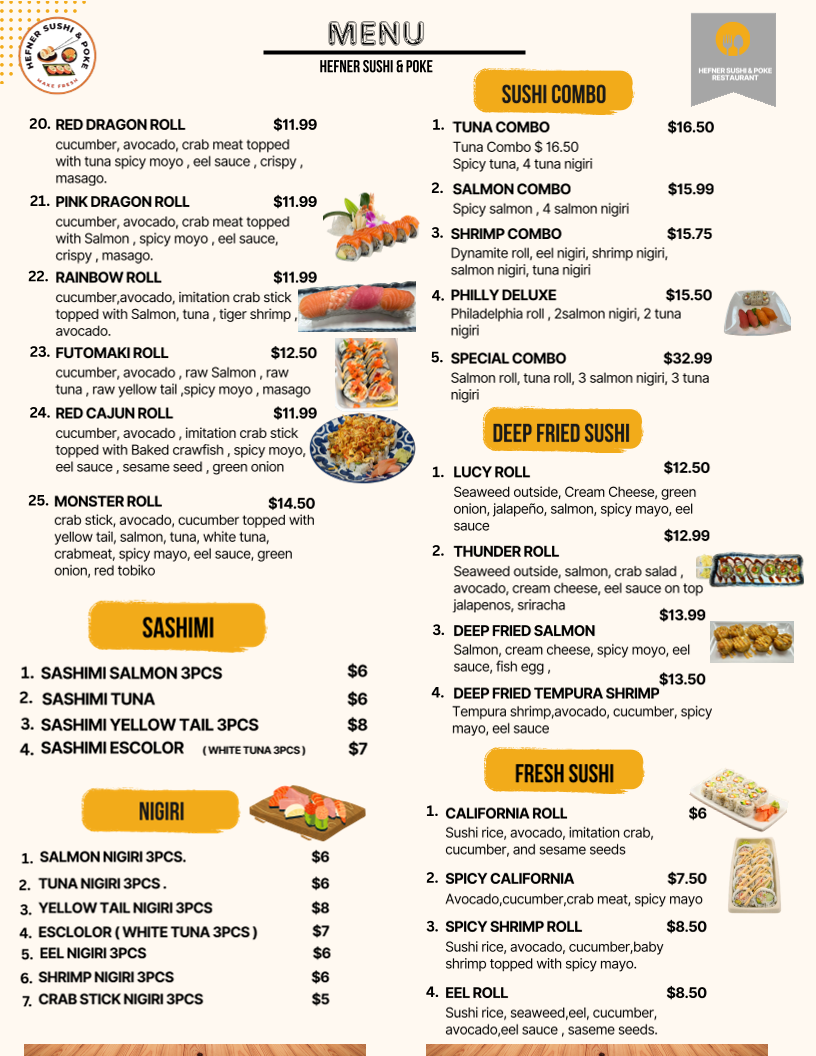 Hefner Sushi & Poke menu board