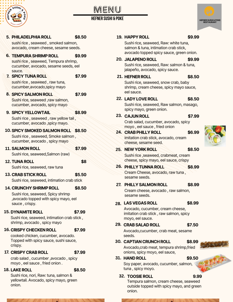 Hefner Sushi & Poke menu board