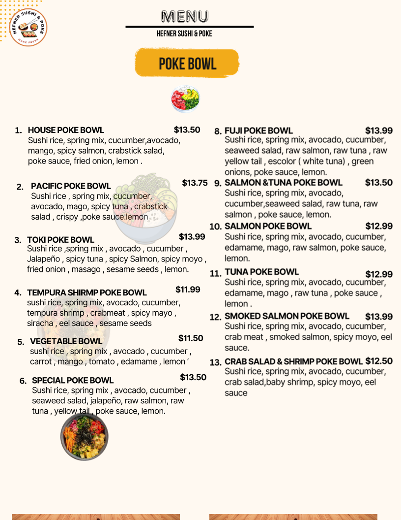 Hefner Sushi & Poke menu board