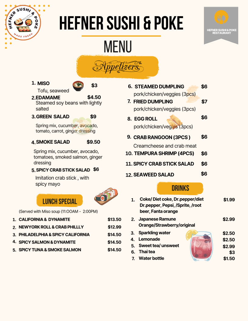 Hefner Sushi & Poke menu board