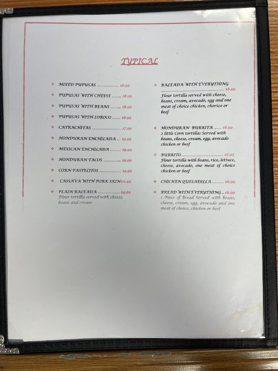 Victoria's Latin Restuarant menu board