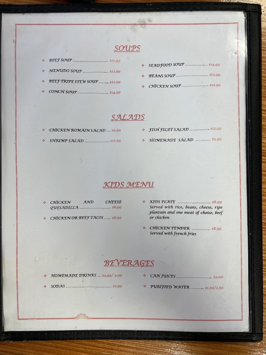 Victoria's Latin Restuarant menu board