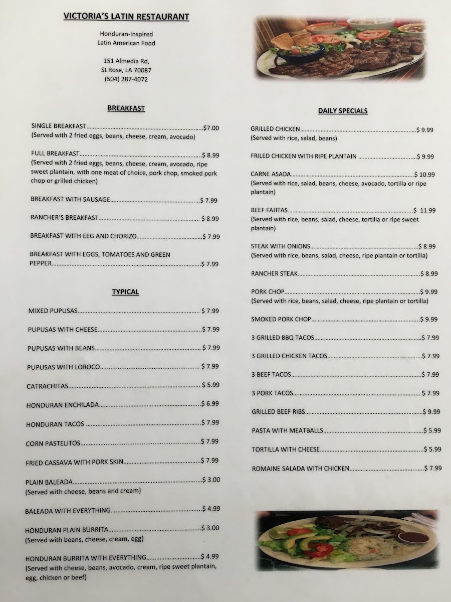 Victoria's Latin Restuarant menu board