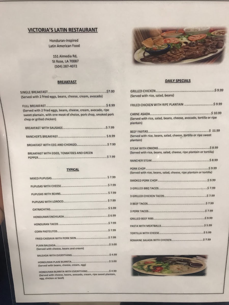 Victoria's Latin Restuarant menu board