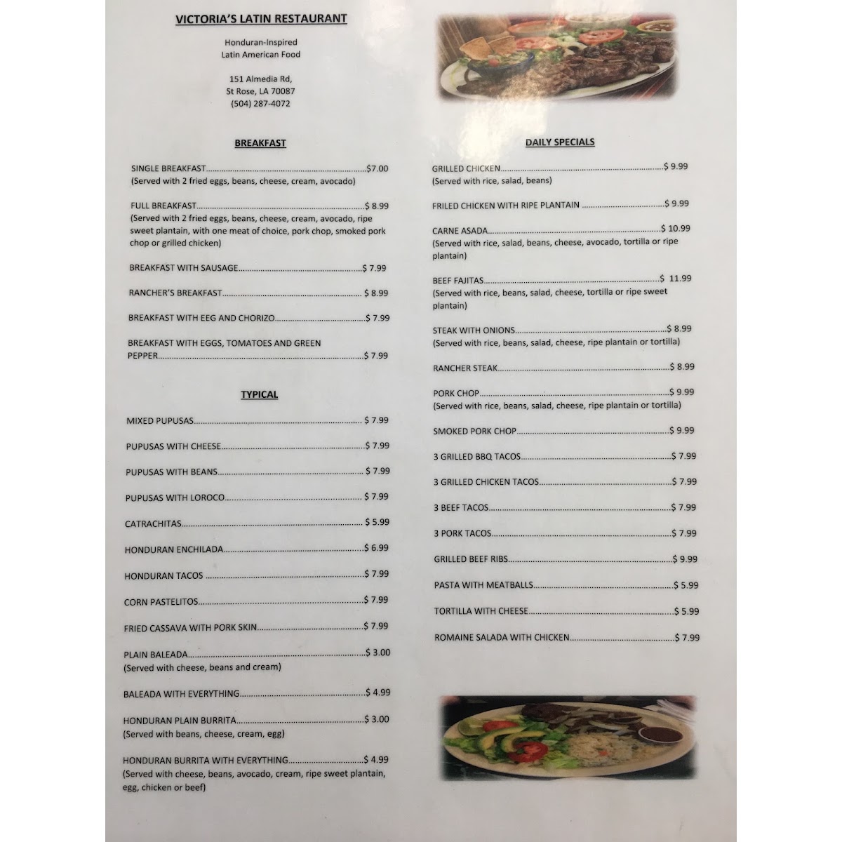 Victoria's Latin Restuarant menu board