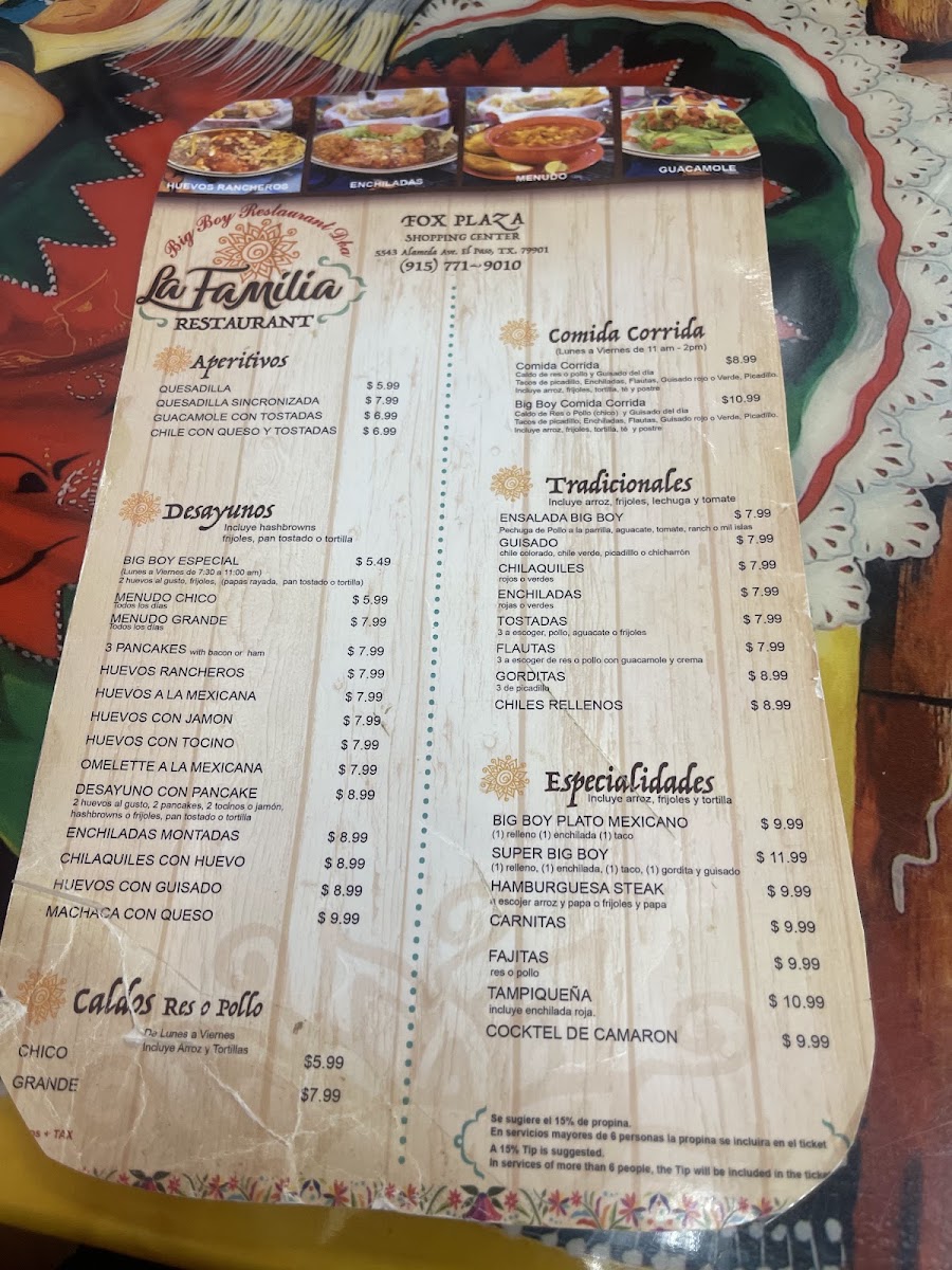 Big Boy Restaurant dba La Familia Restaurant menu board