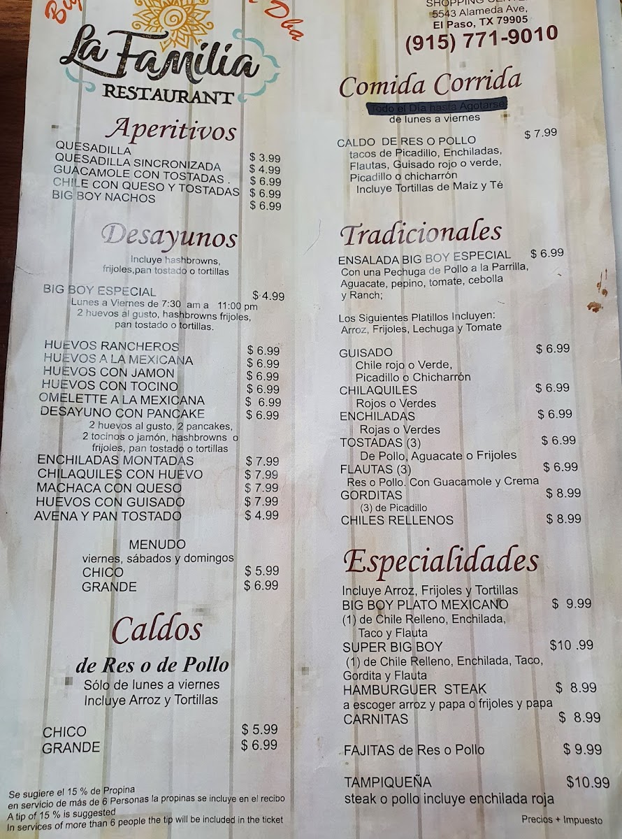 Big Boy Restaurant dba La Familia Restaurant menu board