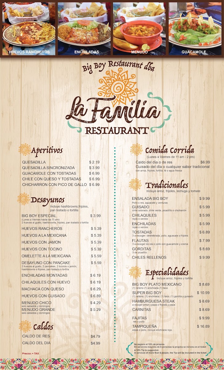 Big Boy Restaurant dba La Familia Restaurant menu board