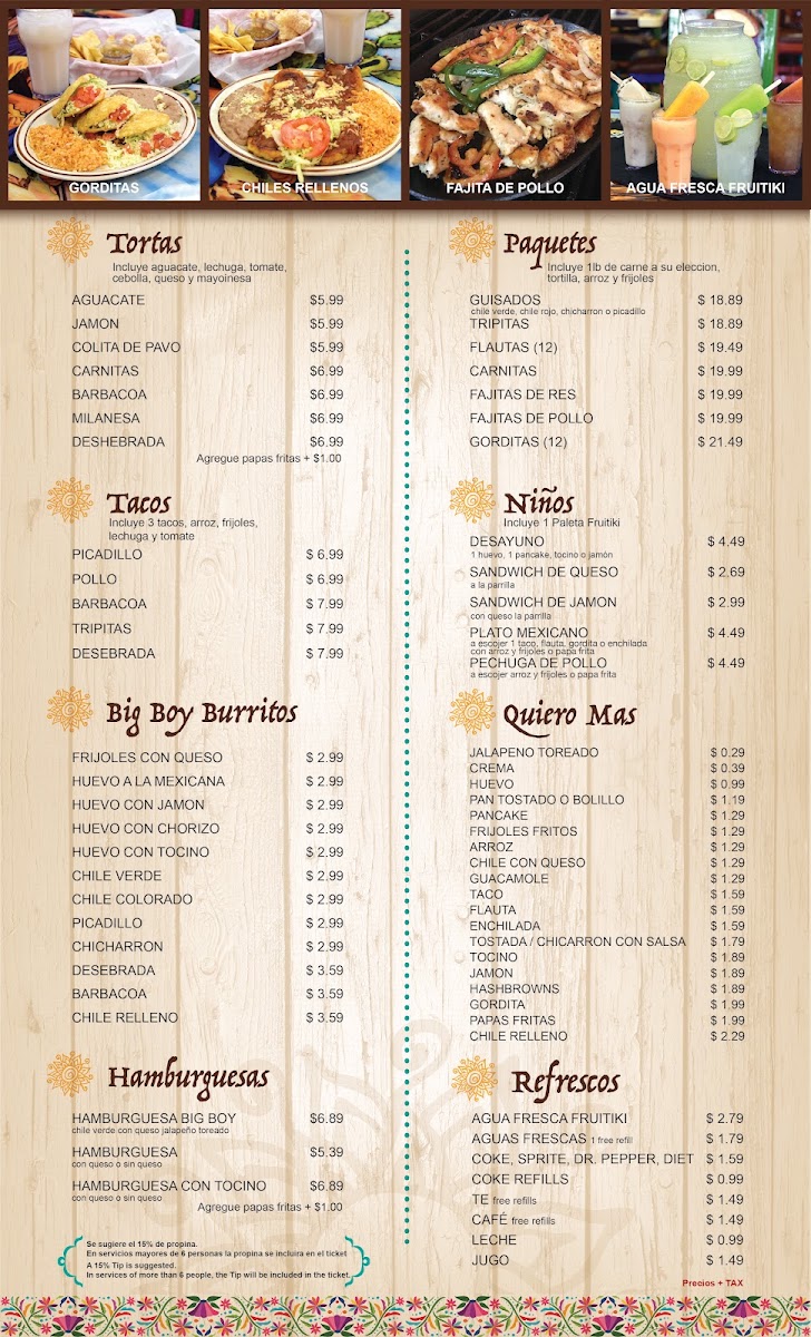Big Boy Restaurant dba La Familia Restaurant menu board