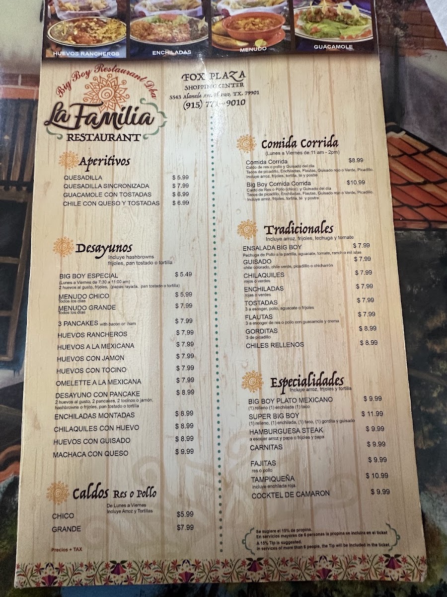 Big Boy Restaurant dba La Familia Restaurant menu board
