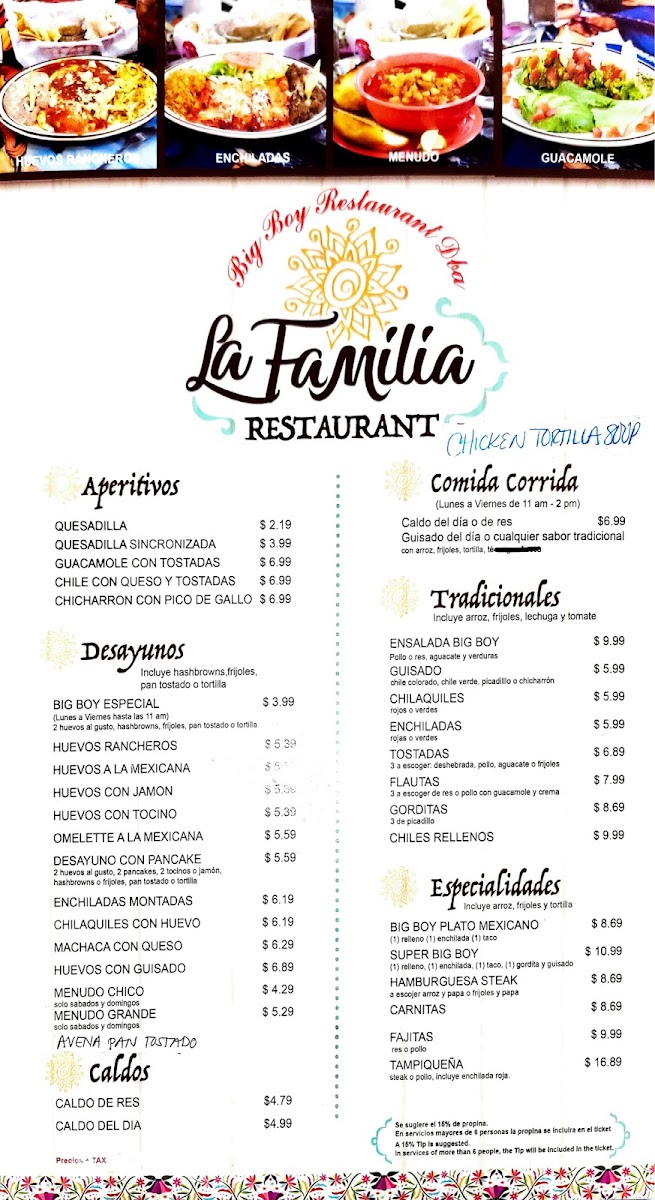 Big Boy Restaurant dba La Familia Restaurant menu board