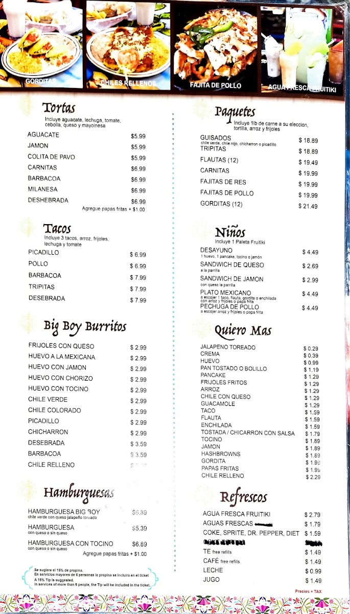 Big Boy Restaurant dba La Familia Restaurant menu board
