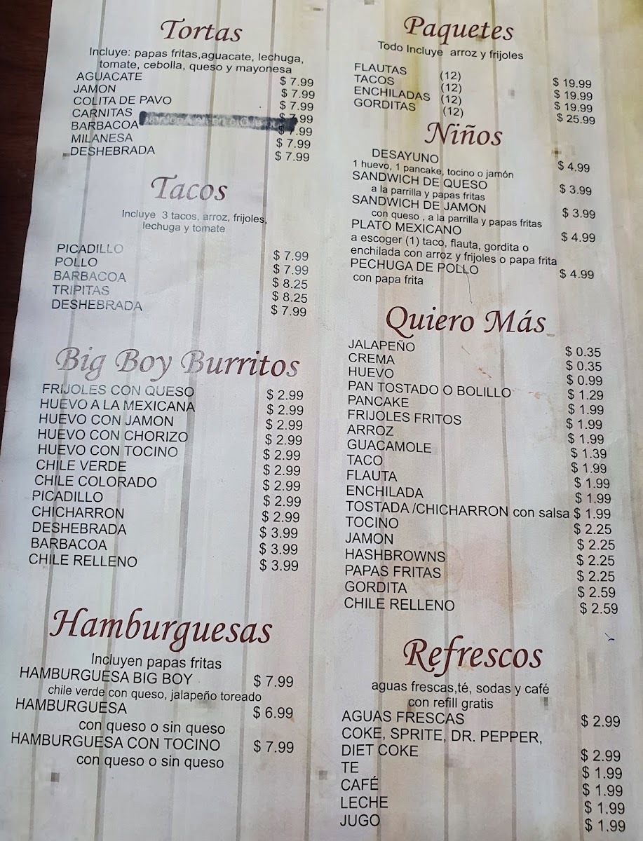 Big Boy Restaurant dba La Familia Restaurant menu board