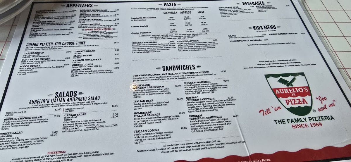 Aurelio's Pizza menu board