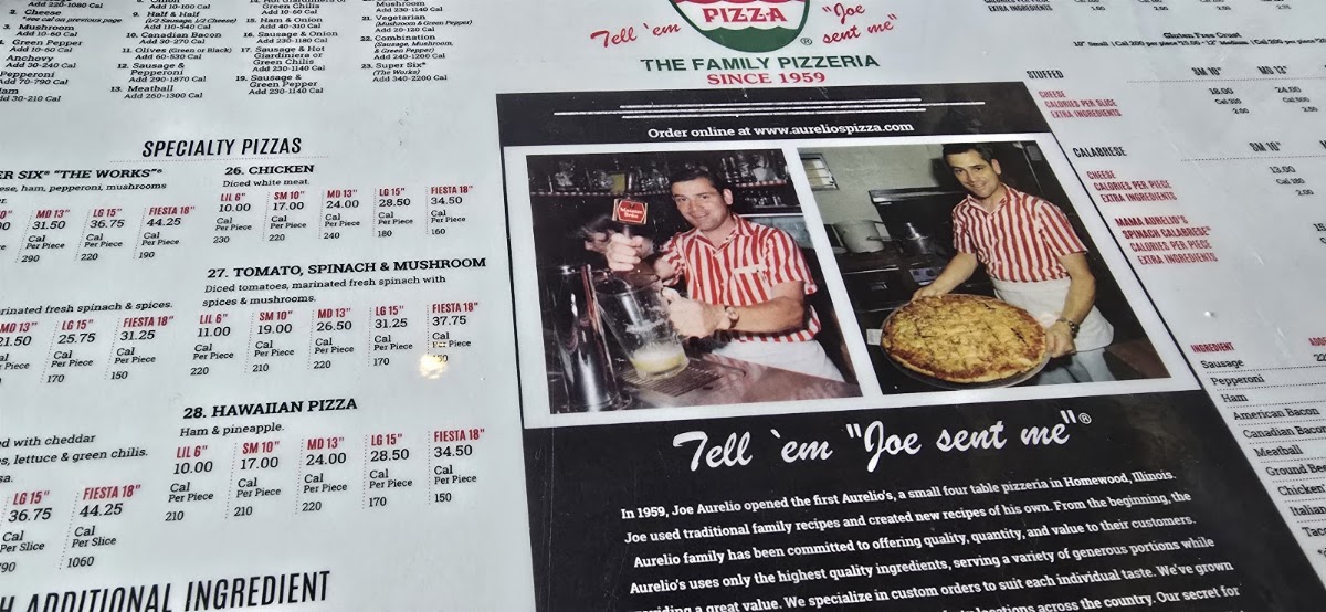 Aurelio's Pizza menu board