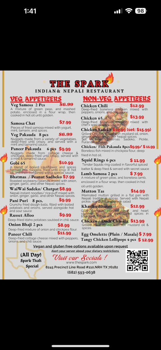 The Spark Indian & Nepali cuisine menu board