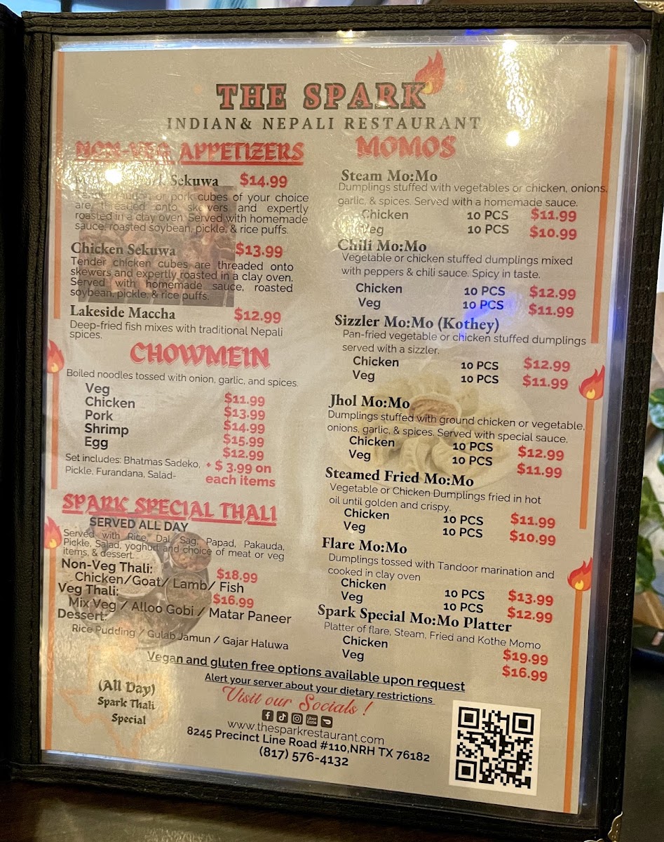 The Spark Indian & Nepali cuisine menu board