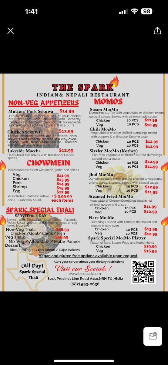 The Spark Indian & Nepali cuisine menu board