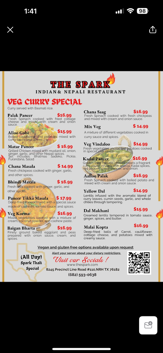The Spark Indian & Nepali cuisine menu board