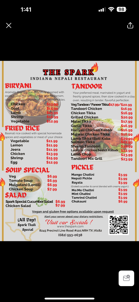 The Spark Indian & Nepali cuisine menu board