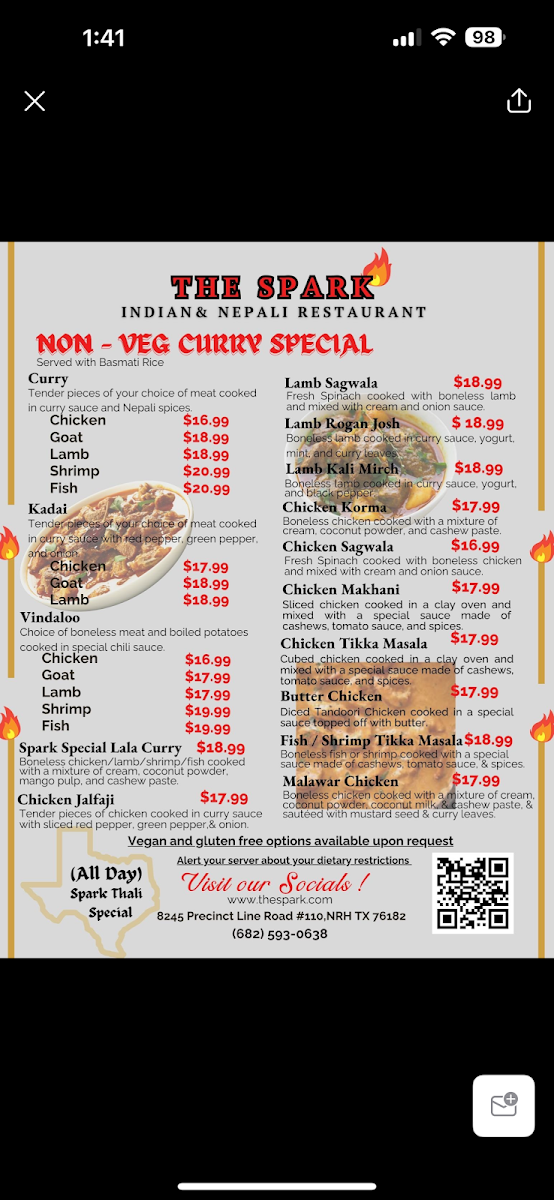 The Spark Indian & Nepali cuisine menu board