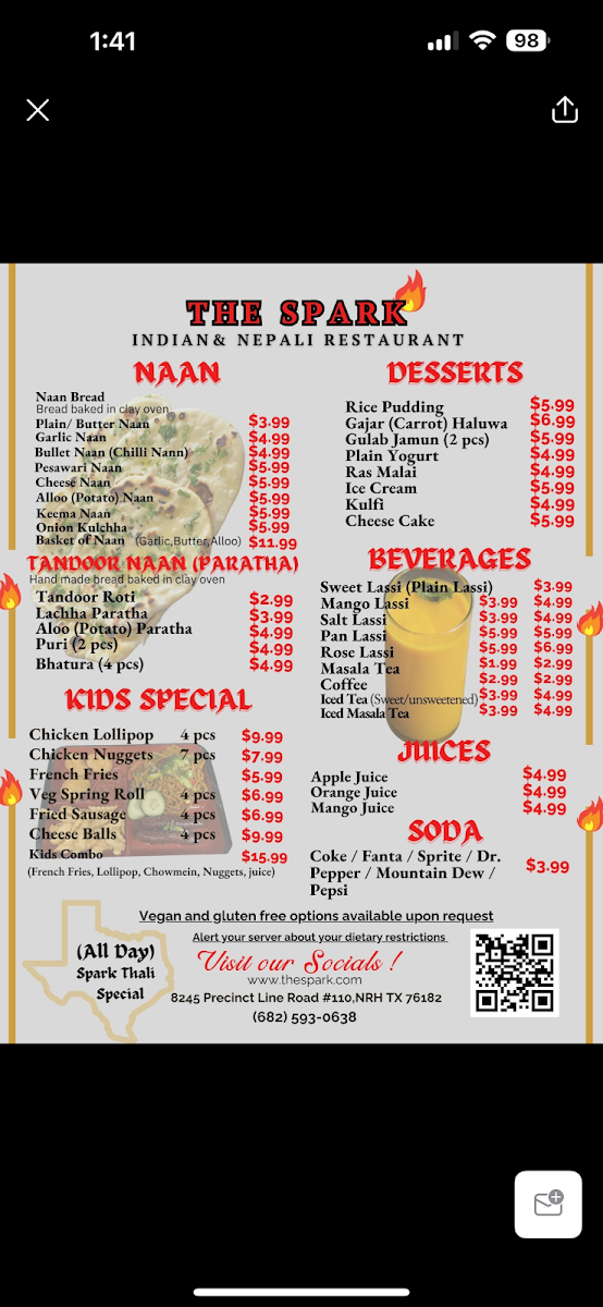 The Spark Indian & Nepali cuisine menu board