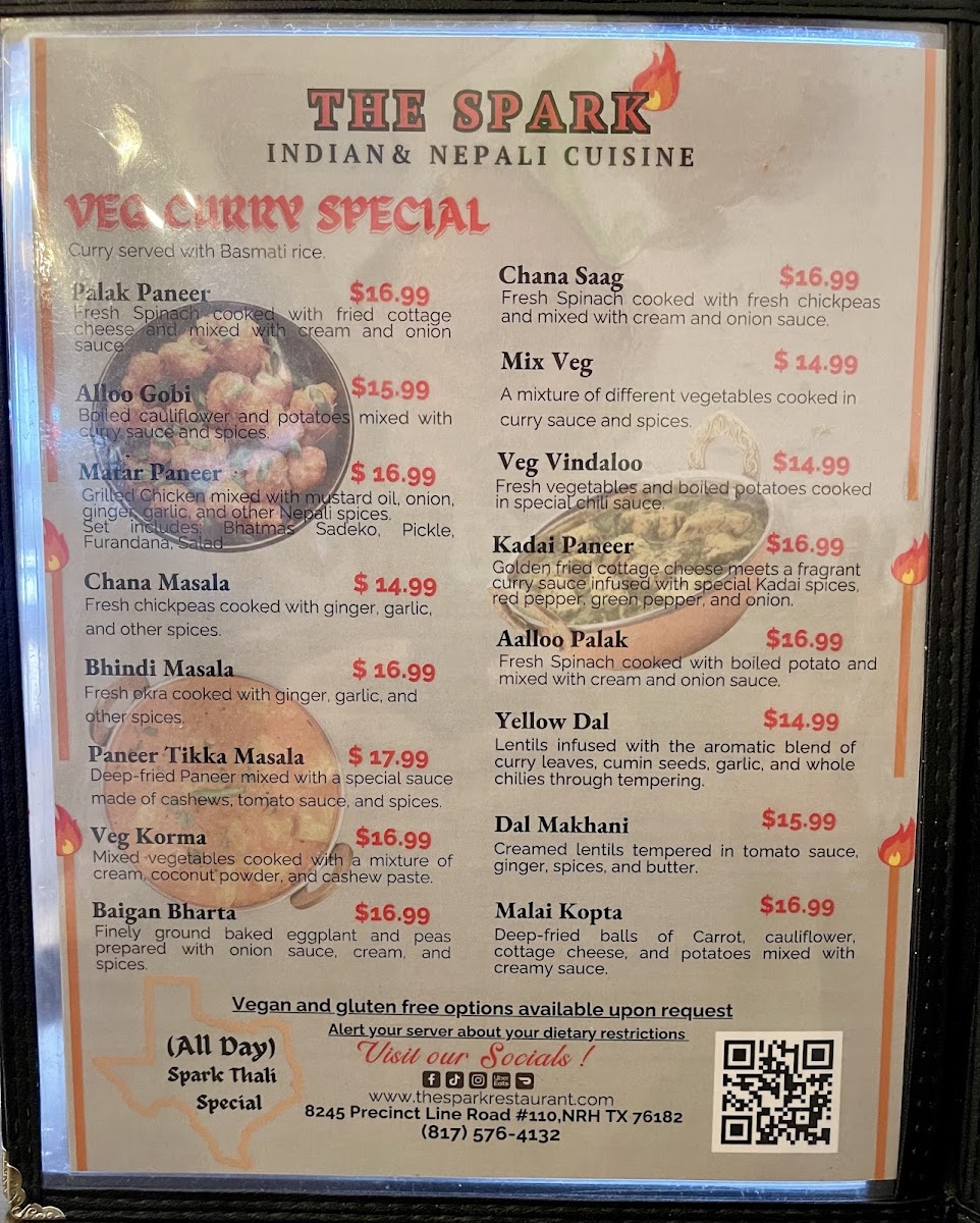 The Spark Indian & Nepali cuisine menu board
