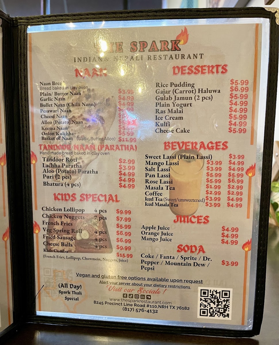 The Spark Indian & Nepali cuisine menu board