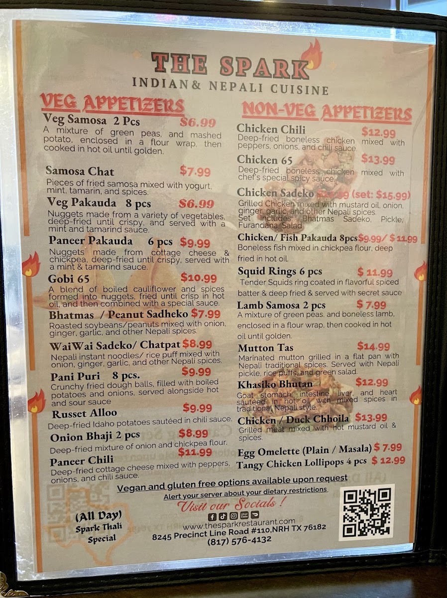 The Spark Indian & Nepali cuisine menu board