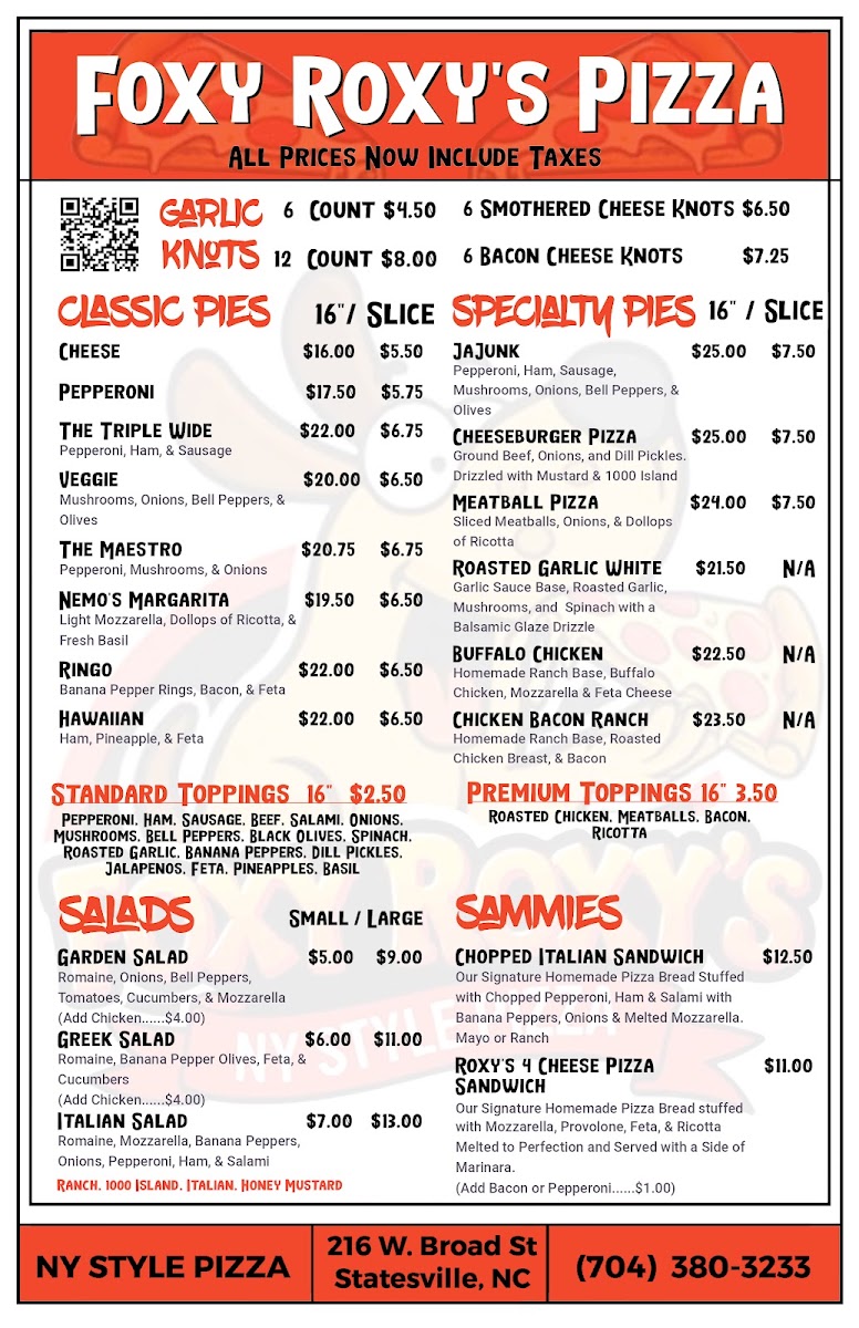 Foxy Roxy’s Pizza menu board
