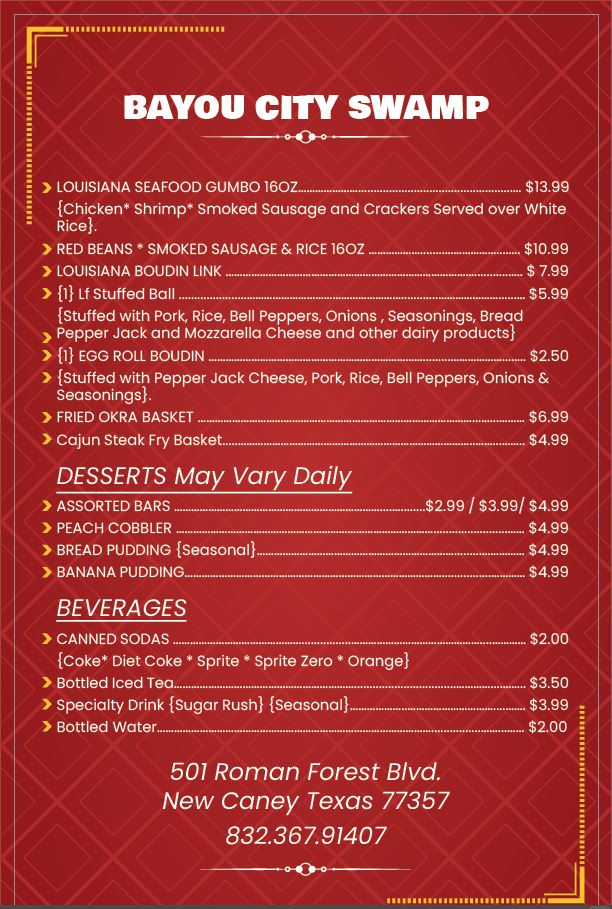 Bayou City Swamp menu board