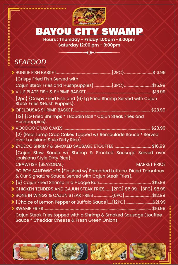 Bayou City Swamp menu board