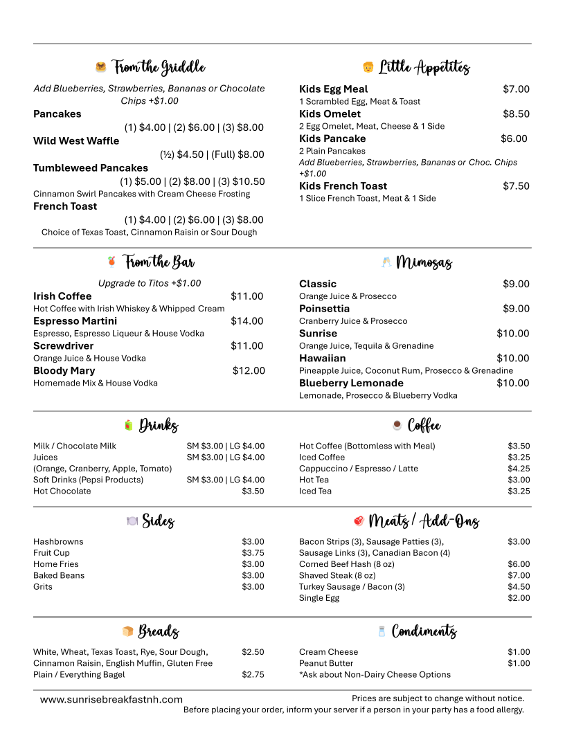 Sunrise at Saddle Up Saloon menu board