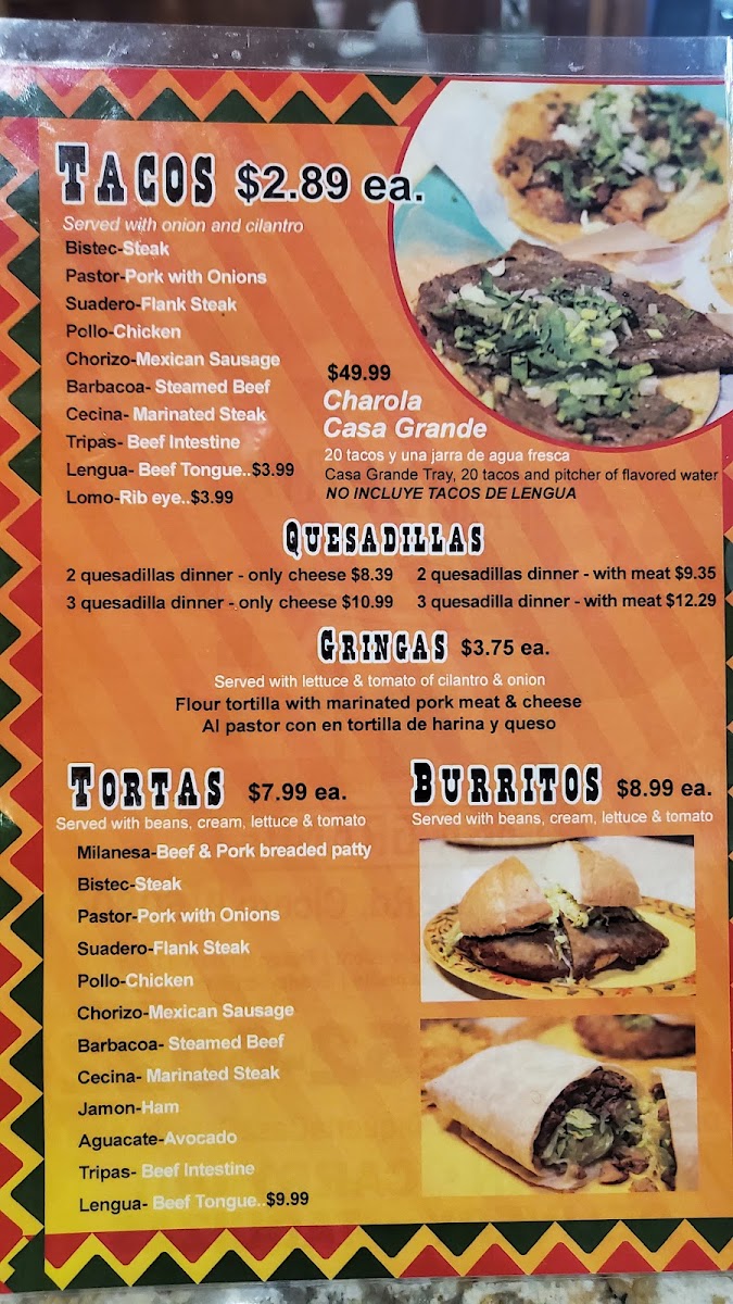 Taqueria Casa Grande menu board