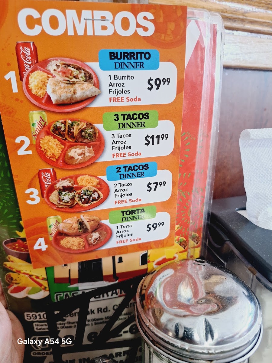 Taqueria Casa Grande menu board