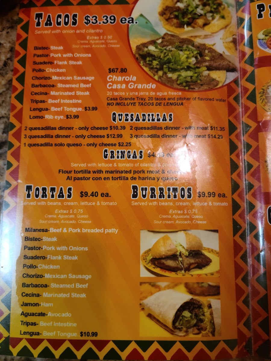Taqueria Casa Grande menu board