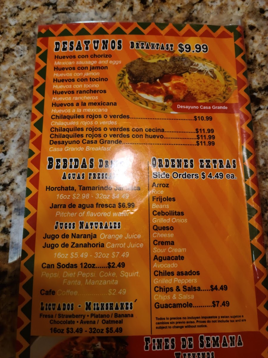 Taqueria Casa Grande menu board