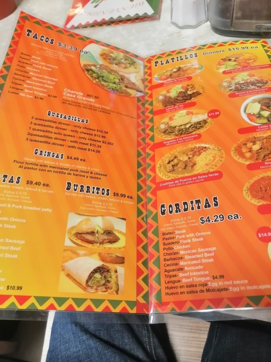 Taqueria Casa Grande menu board