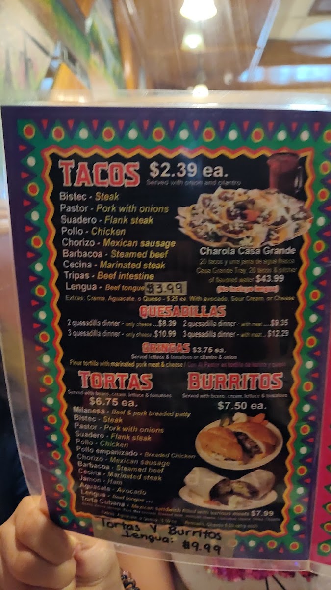 Taqueria Casa Grande menu board
